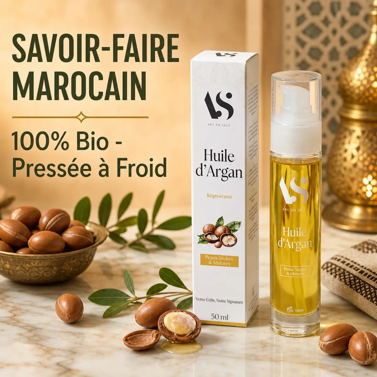 Huile d'Argan Bio 50ml Arc en Sels, pressée à froid, savoir-faire marocain authentique