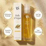 Huile d'Argan Bio Arc en Sels 100ml avec icônes de bénéfices beauté sur fond doré