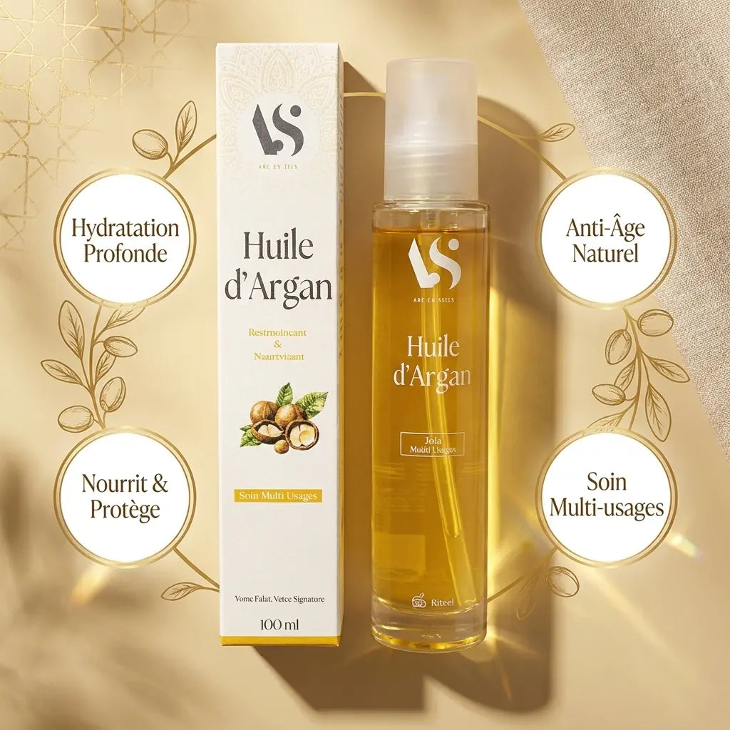 Huile d'Argan Bio Arc en Sels 100ml avec icônes de bénéfices beauté sur fond doré