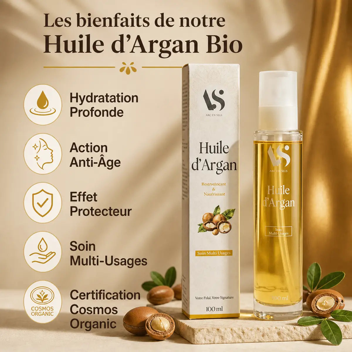 Huile d'Argan Bio Arc en Sels 100ml avec ses bénéfices: hydratation, anti-âge, protection, multi-usages