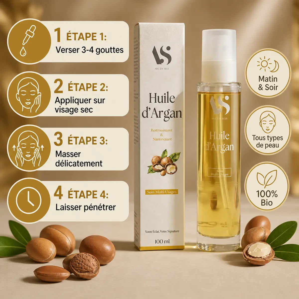 Huile d'Argan Bio Arc en Sels 100ml avec guide d'application en 4 étapes pour tous types de peau