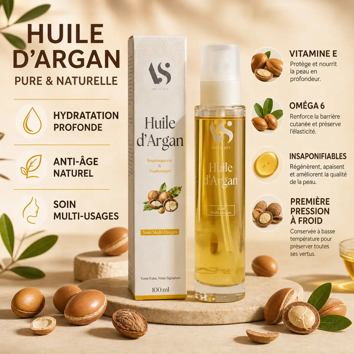 Huile d'Argan Bio Arc en Sels 100ml avec ingrédients naturels et bénéfices multi-usages