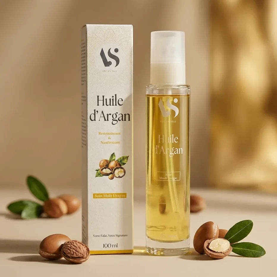 Huile d'Argan Bio Arc en Sels 100ml avec pompe, noix d'argan et feuilles vertes