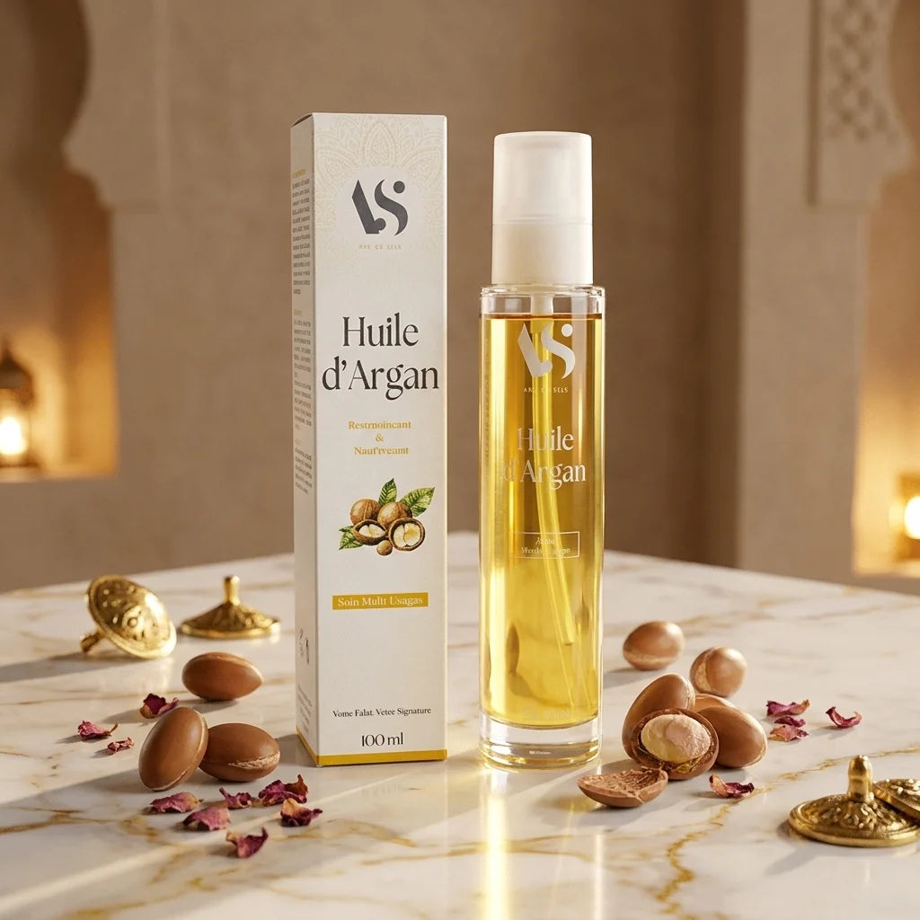 Huile d'Argan Bio 100ml Arc en Sels avec noix d'argan et fleurs séchées sur marbre