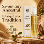 Huile d'Argan Bio Arc en Sels 100ml avec noix d'argan et feuilles vertes sur fond beige Morocain