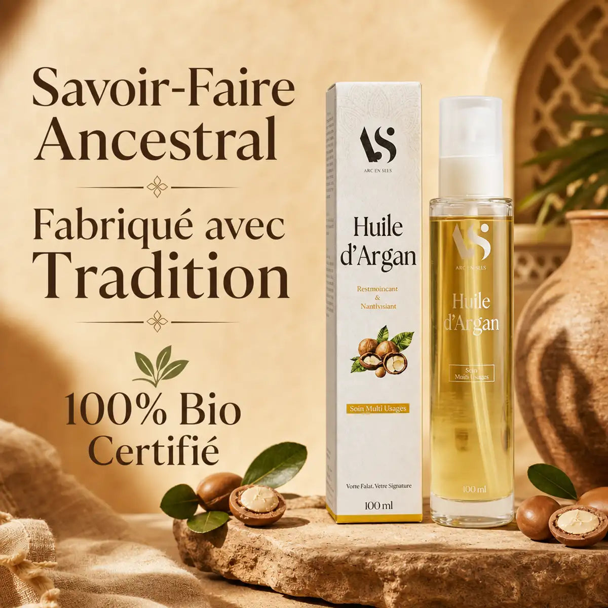 Huile d'Argan Bio Arc en Sels 100ml avec noix d'argan et feuilles vertes sur fond beige Morocain