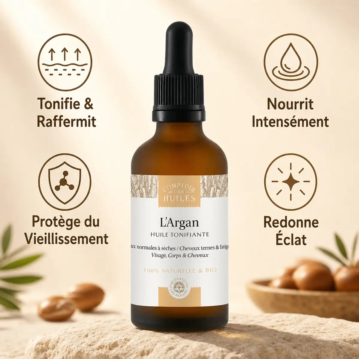 Huile d'Argan Bio Tonifiante 50ml Comptoir des Huiles avec bénéfices raffermissants et anti-âge