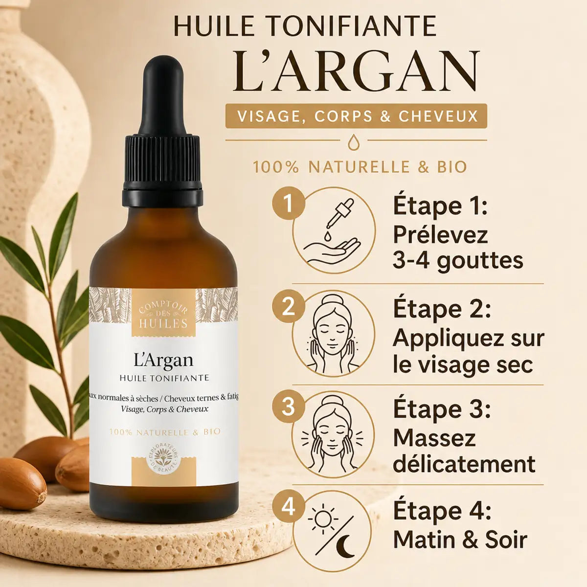 Huile d'Argan Bio 50ml - Guide d'utilisation tonifiante visage matin et soir
