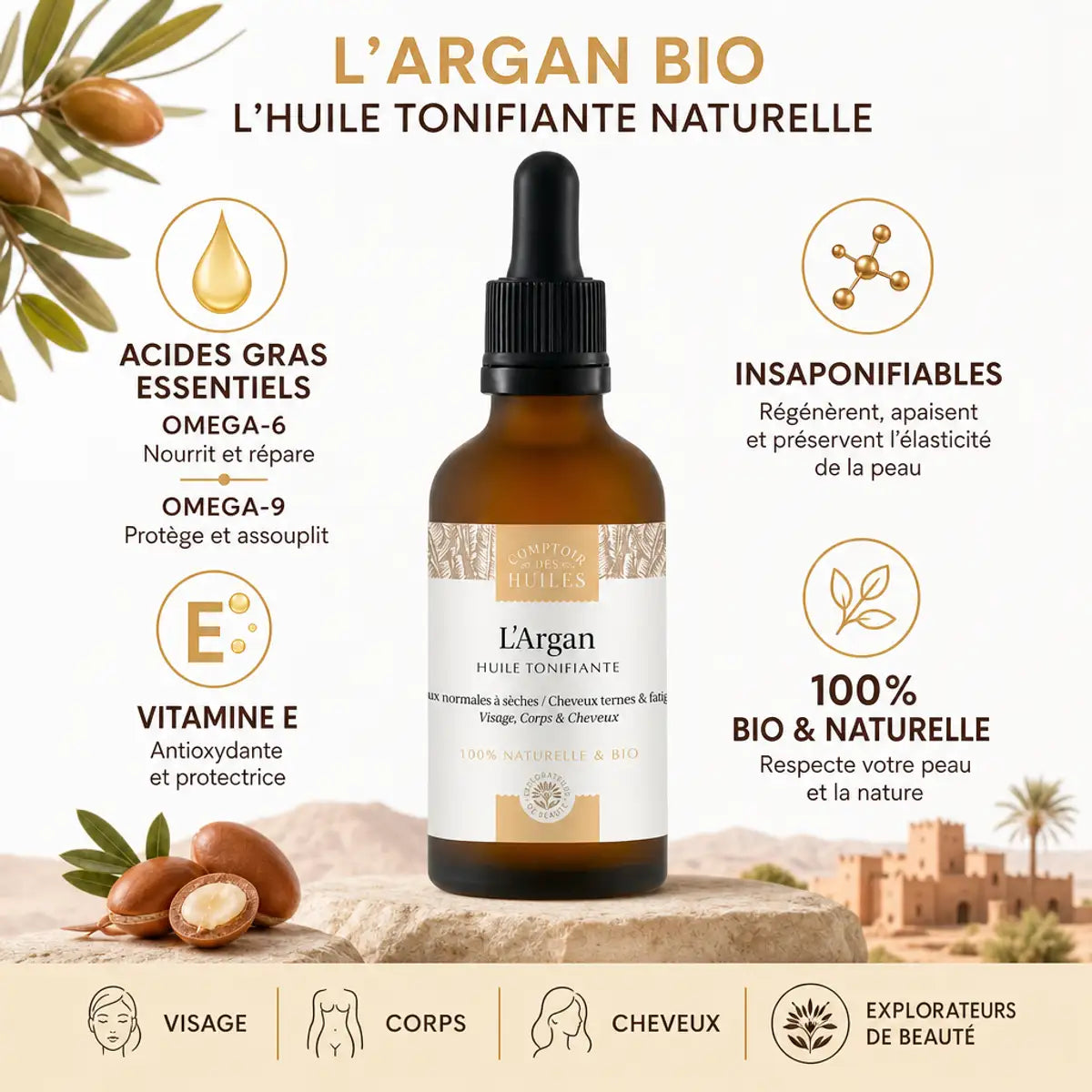 Huile d'Argan Bio 50ml - Flacon en verre ambré avec composition naturelle et acides gras essentiels