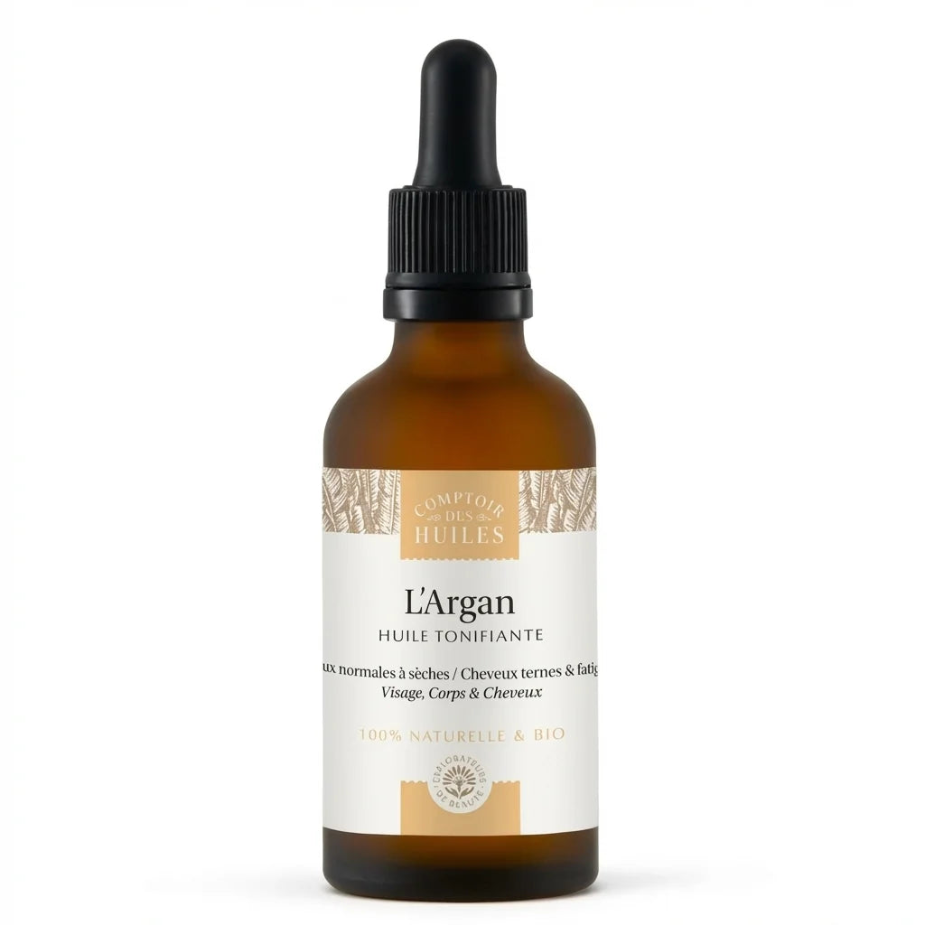 Flacon 50ml d'huile d'argan bio tonifiante Comptoir des huiles avec étiquette dorée