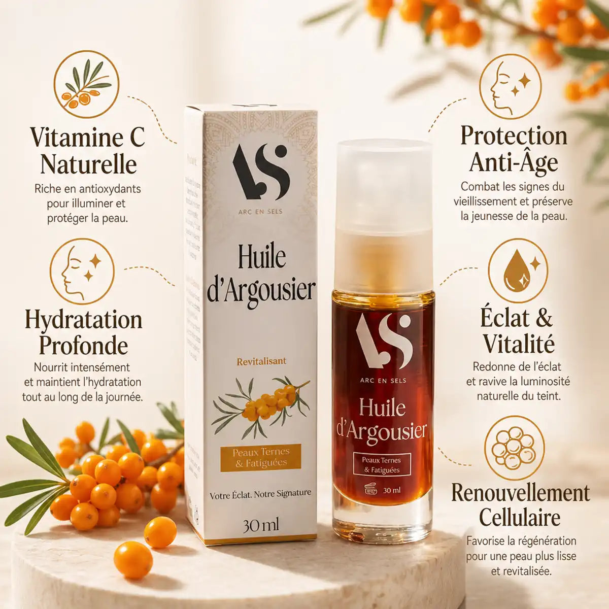 Huile d'Argousier Bio Arc en Sels - 30ml avec 5 bénéfices : Vitamine C, Anti-Âge, Hydratation