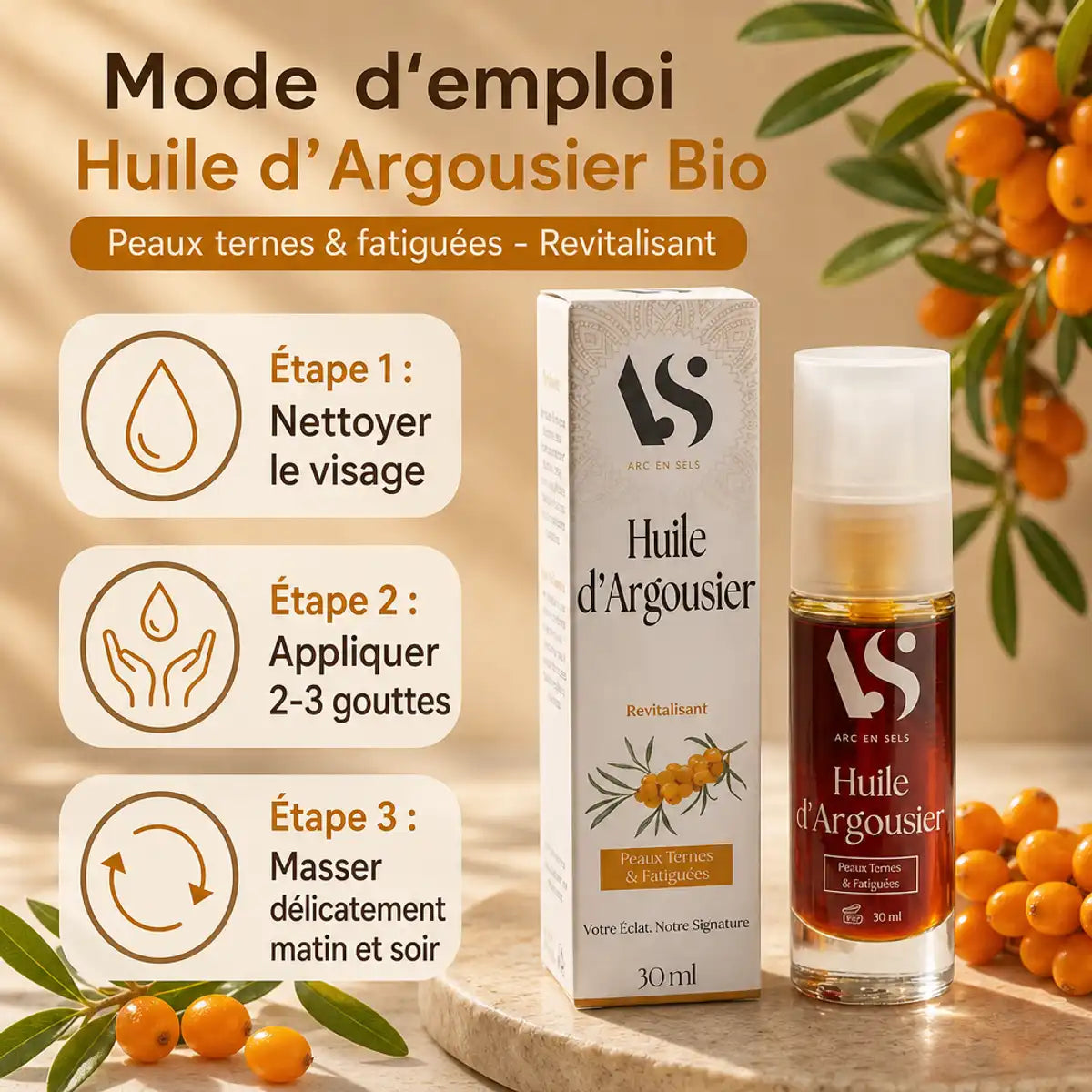 Huile d'Argousier Bio 30ml Arc en Sels avec mode d'emploi visage - soin revitalisant peaux ternes