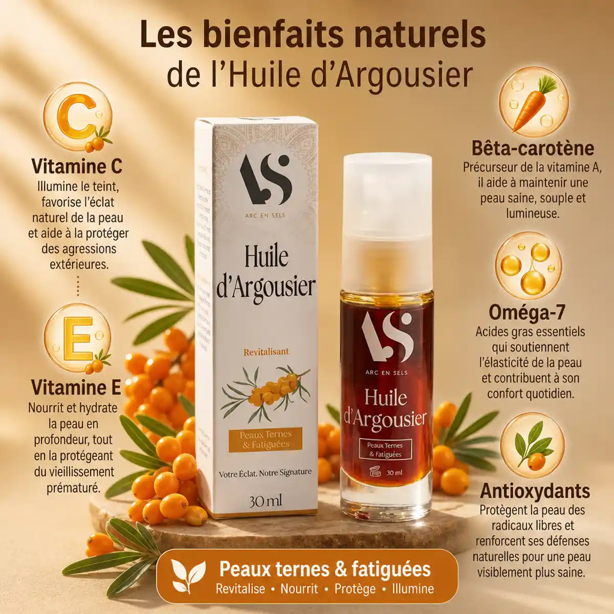 Huile d'Argousier Bio Arc en Sels 30ml avec vitamines C, E et antioxydants pour soin du visage