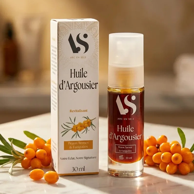 Huile d'Argousier Bio Arc en Sels 30ml avec baies et feuilles sur marbre