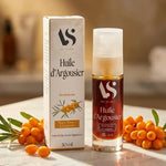 Huile d'Argousier Bio Arc en Sels 30ml avec baies et feuilles sur marbre