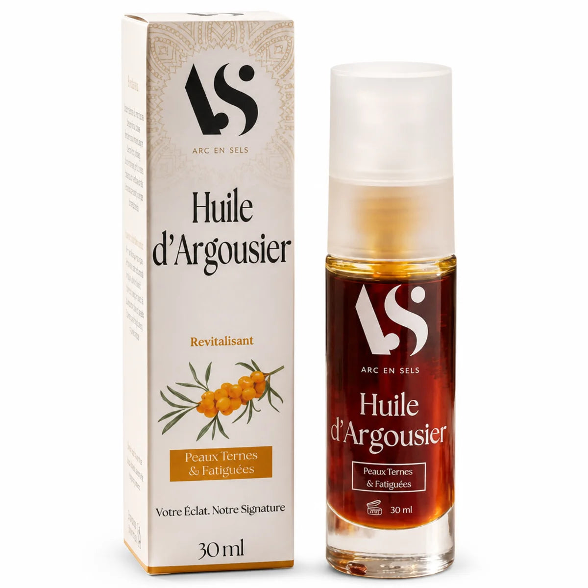 Huile d'Argousier Bio Arc en Sels 30ml - Bouteille et packaging soin visage naturel