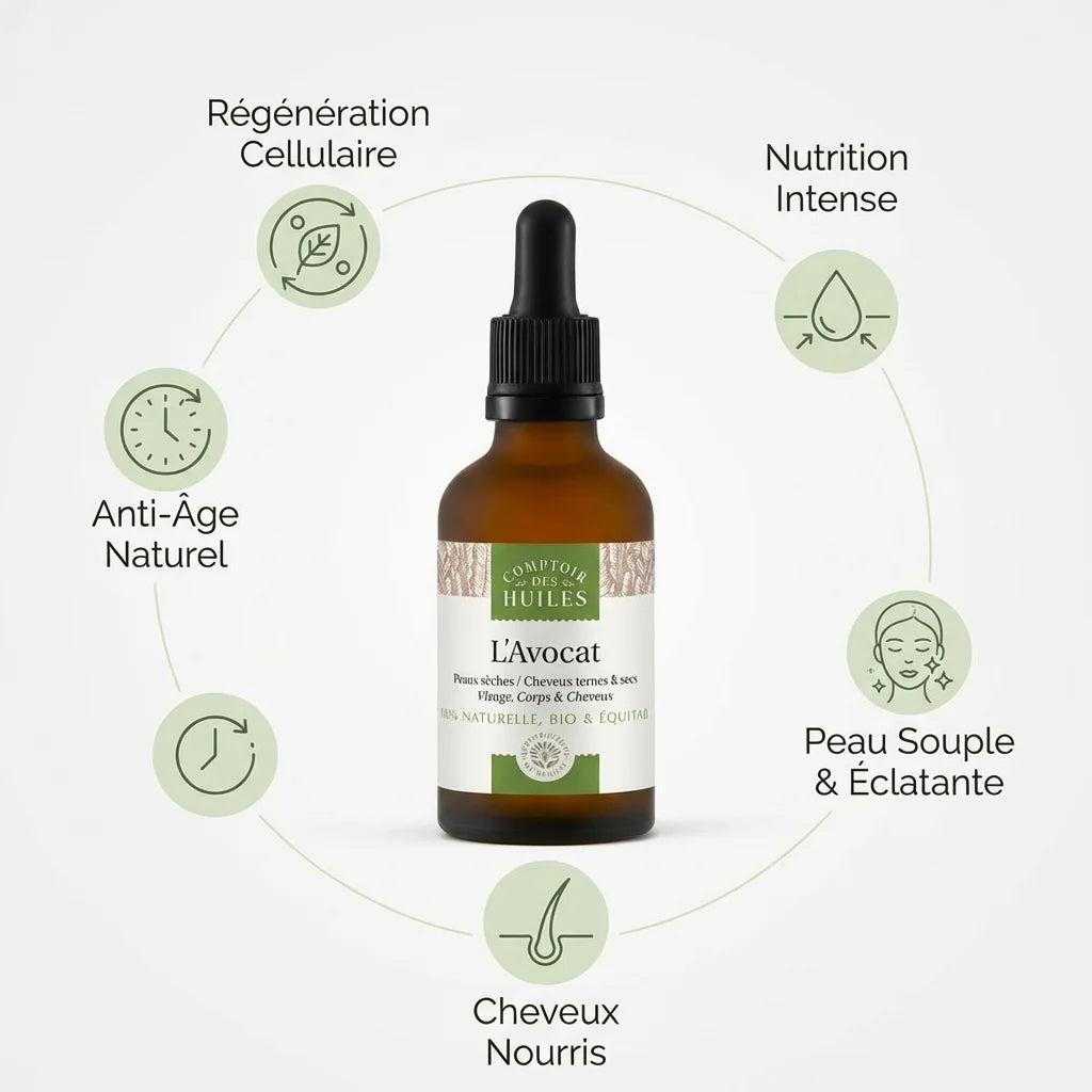 Huile d'Avocat Bio 50ml Comptoir des Huiles avec bénéfices régénération, nutrition et anti-âge