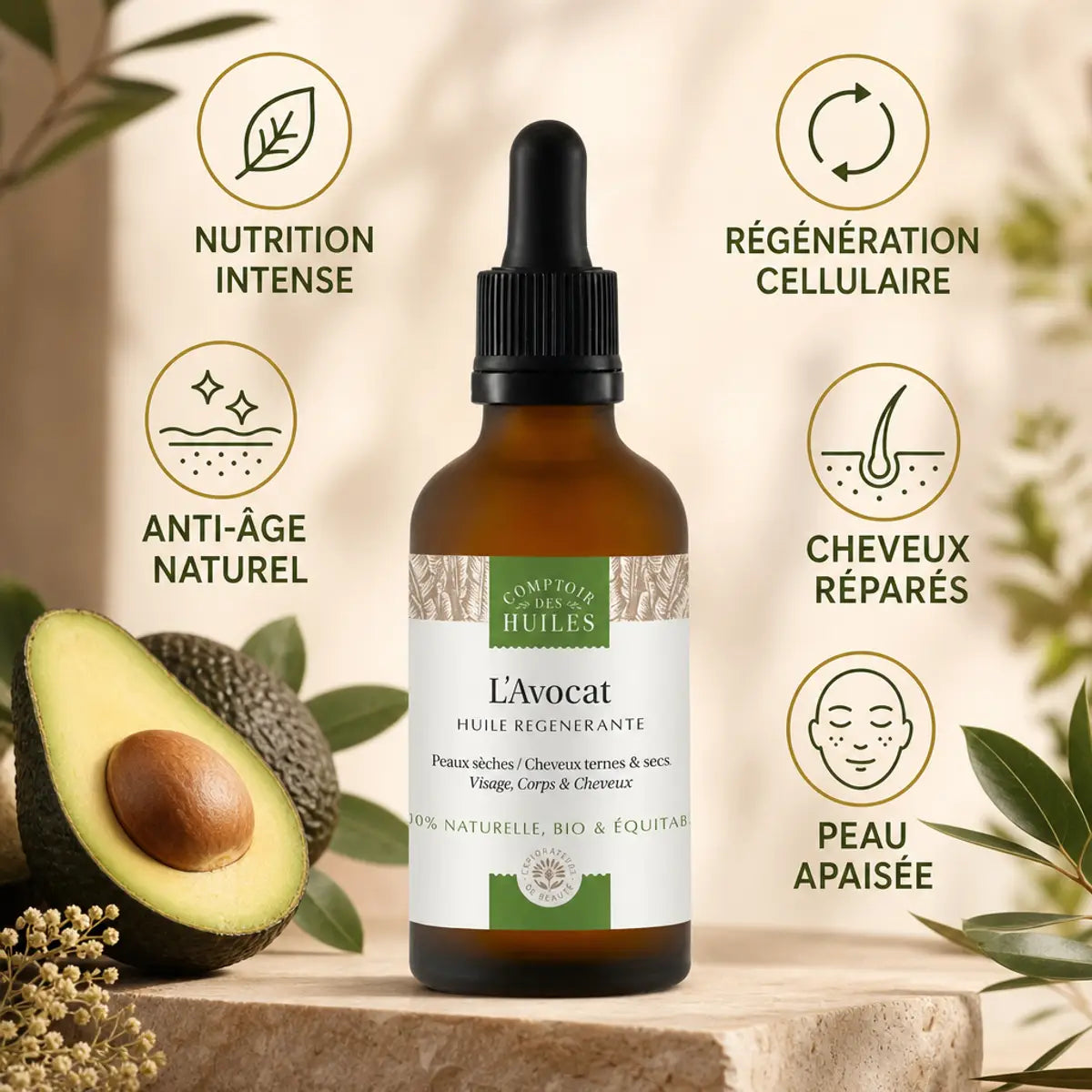 Huile d'Avocat Bio 50ml Comptoir des Huiles - Régénérante avec bénéfices nutrition et anti-âge