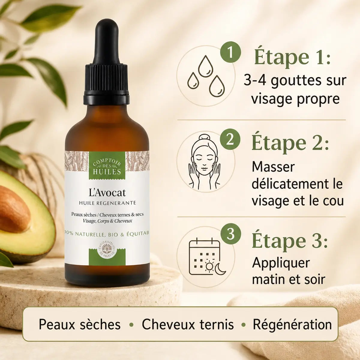 Huile d'Avocat Bio 50ml Comptoir des Huiles avec guide d'utilisation visage et cheveux