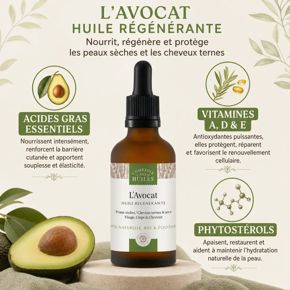 Huile d'Avocat Bio 50ml Comptoir des Huiles avec infographie ingrédients régénérants