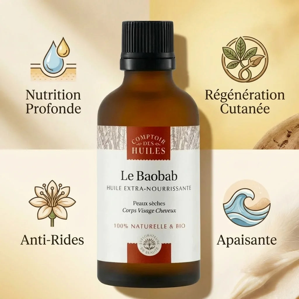 Huile de Baobab bio 50ml Comptoir des Huiles avec bénéfices nutrition, régénération, anti-rides et apaisante