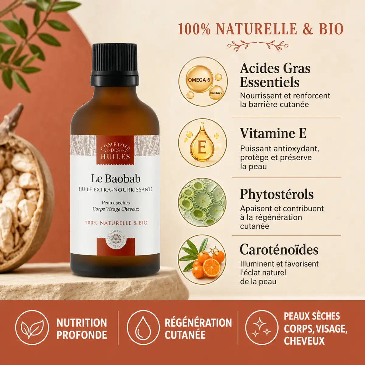 Huile de Baobab bio 50ml Comptoir des Huiles - Composition avec acides gras, vitamine E et caroténoïdes