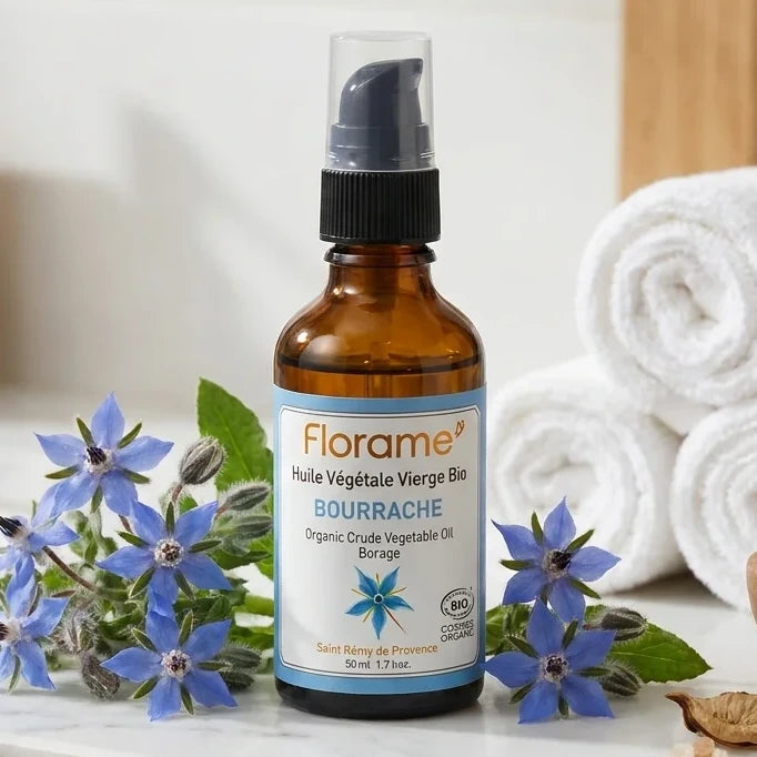 Huile de Bourrache Bio Florame 50ml flacon verre ambré avec fleurs de bourrache fraîches