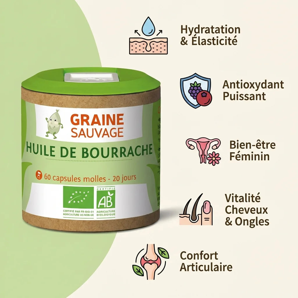Huile de Bourrache bio 60 capsules Graine Sauvage avec bénéfices hydratation élasticité antioxydant