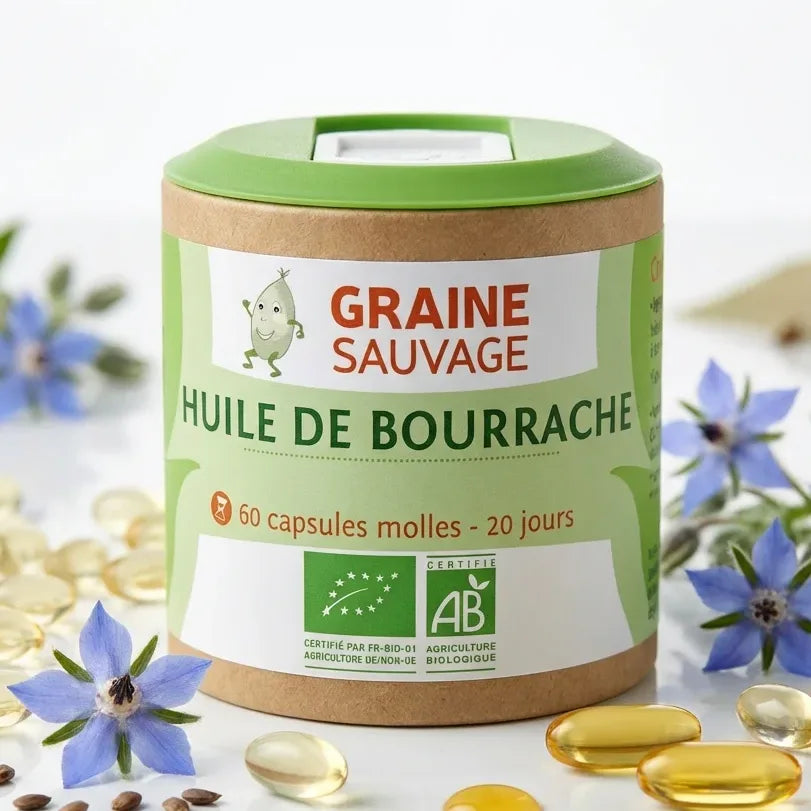 Huile de Bourrache bio 60 capsules Graine Sauvage avec fleurs et graines sur fond blanc
