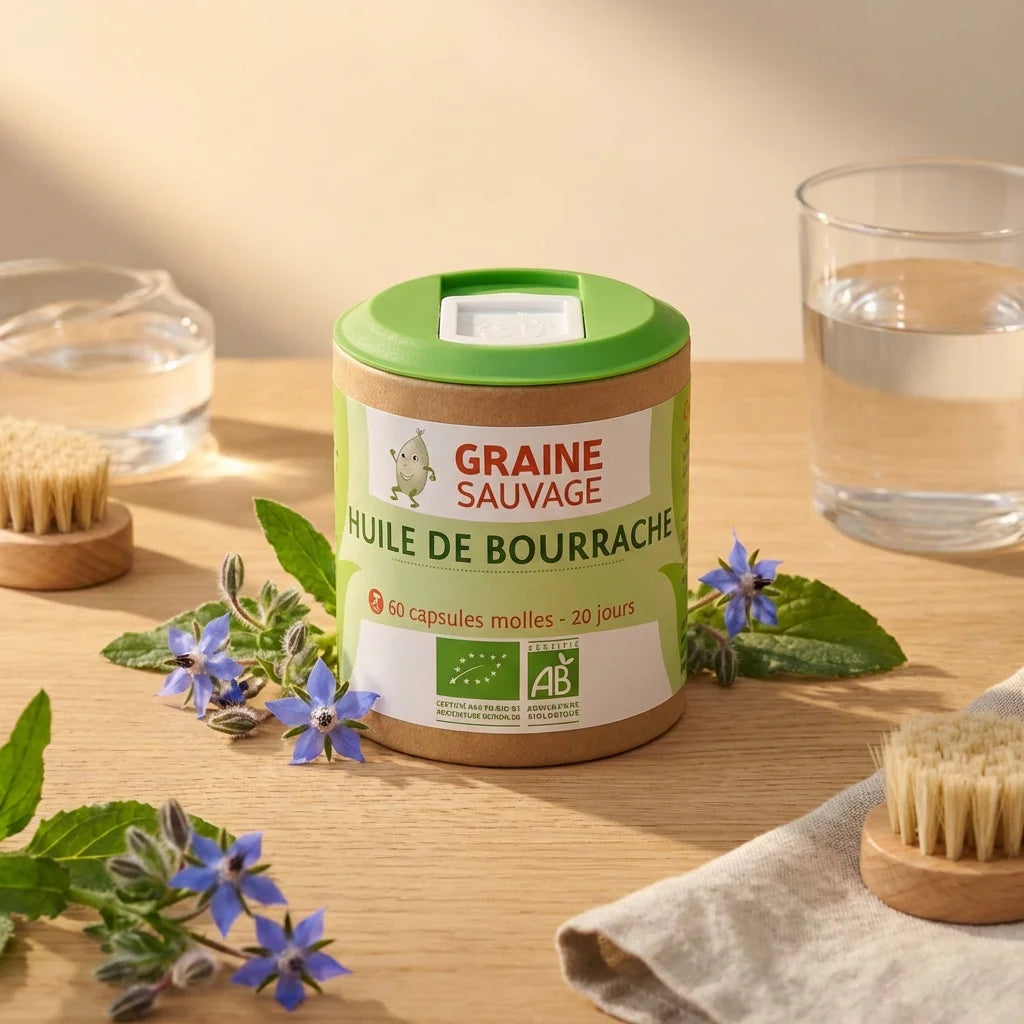 Huile de Bourrache bio Graine Sauvage 60 capsules avec fleurs fraîches sur surface bois