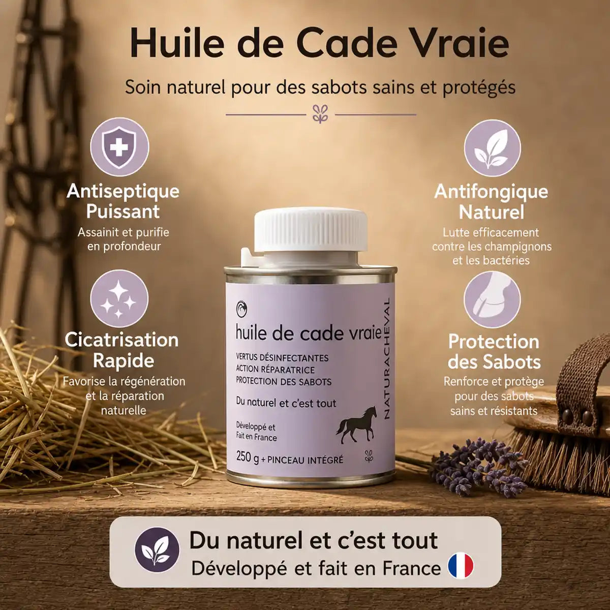 Huile de Cade Vraie Equi'soin 250g avec ses 4 bénéfices : antiseptique, antifongique, cicatrisation, protection sabots cheval