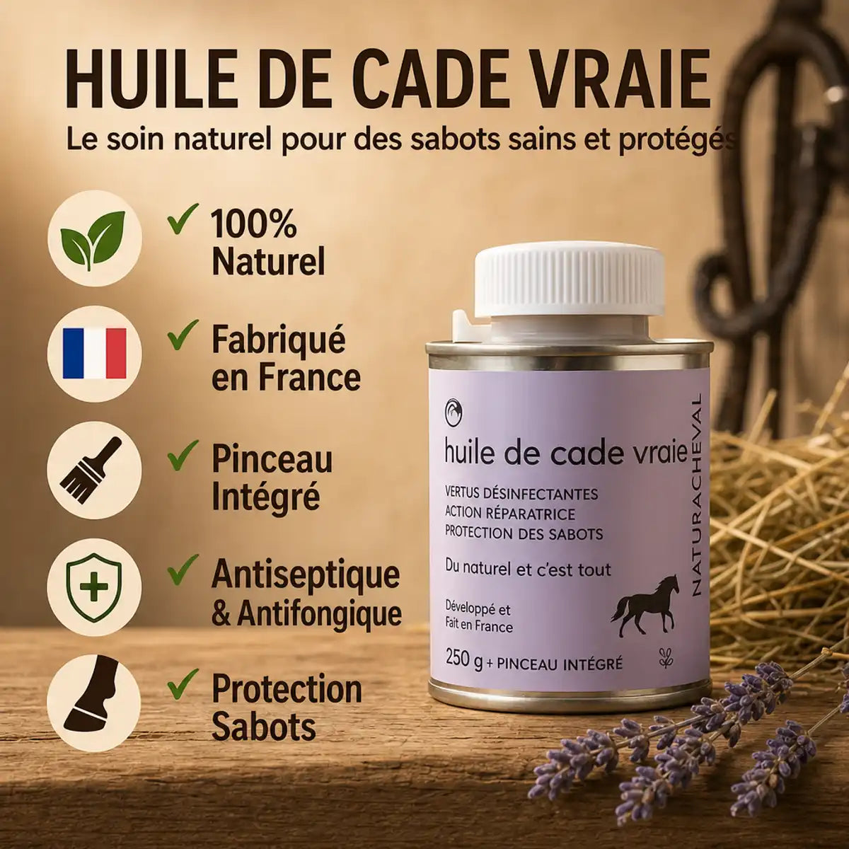 Huile de Cade Vraie Equi'soin 250g avec pinceau, naturelle et antiseptique pour chevaux