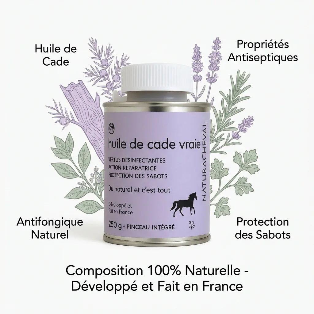 Huile de Cade Naturachavel 250g pour cheval avec ingrédients botaniques naturels antiseptiques