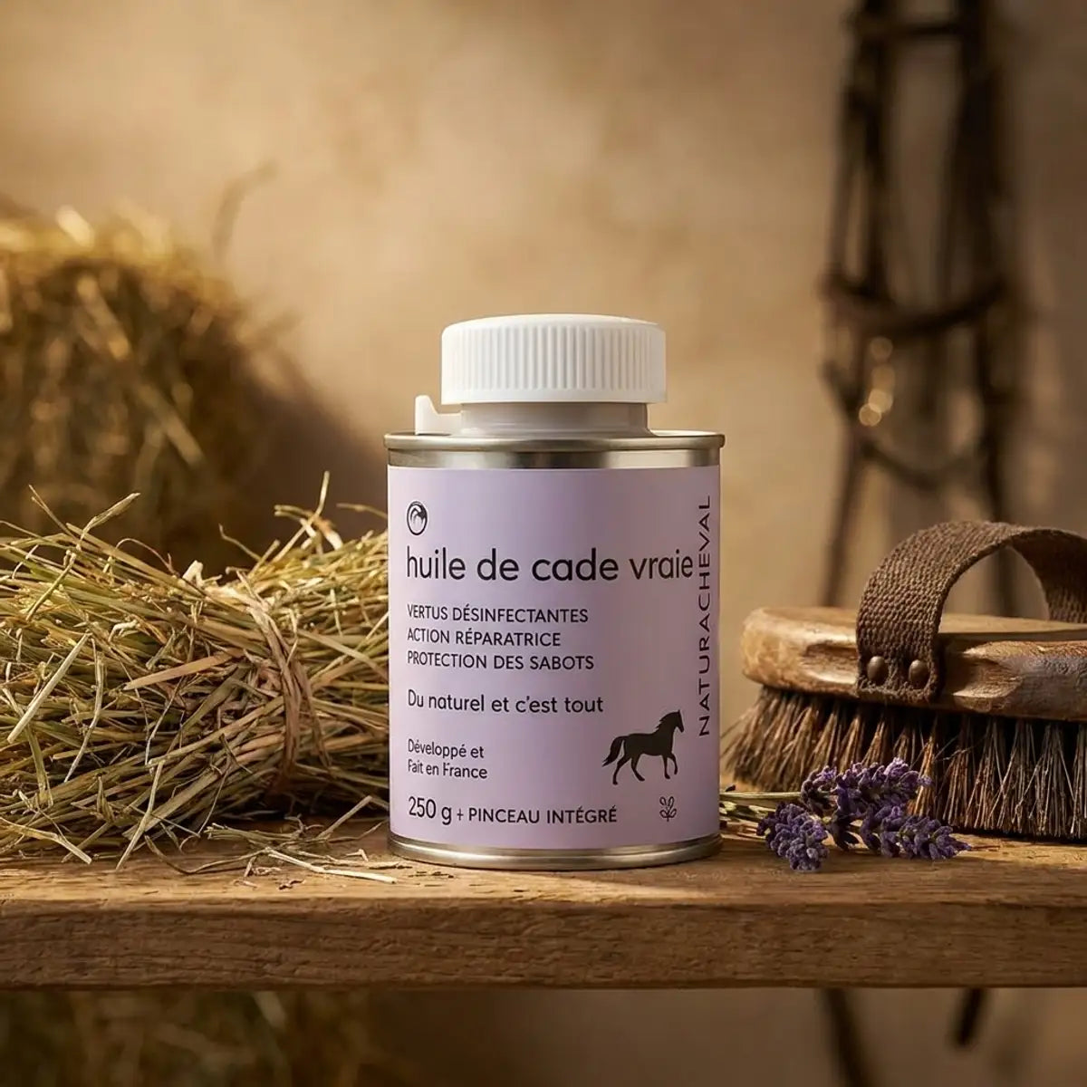 Huile de Cade Naturachavel 250g pour chevaux avec pinceau intégré sur étagère stable