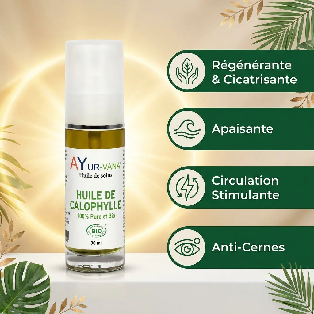 Huile de Calophylle Bio AyurVana 30ml avec bénéfices cicatrisants, apaisants et anti-cernes
