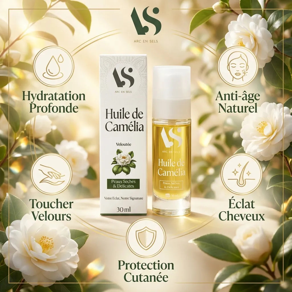 Huile de Camélia Bio 30ml Arc en Sels avec bénéfices hydratation anti-âge et protection cutanée