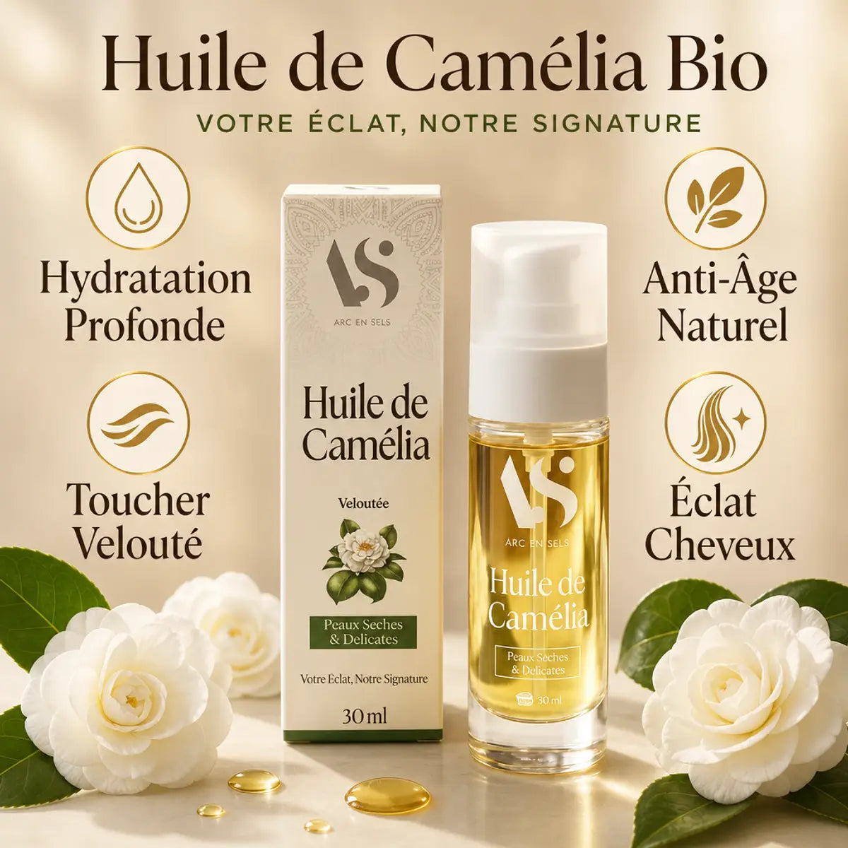 Huile de Camélia Bio 30ml Arc en Sels avec bénéfices: hydratation, anti-âge, toucher velouté et brillance