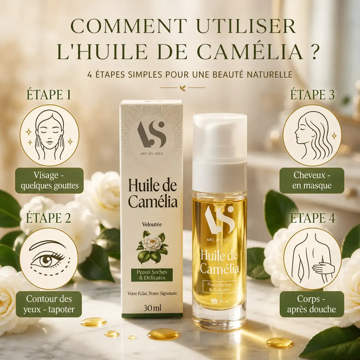 Huile de Camélia Bio Arc en Sels 30ml avec guide d'utilisation visage, cheveux et corps