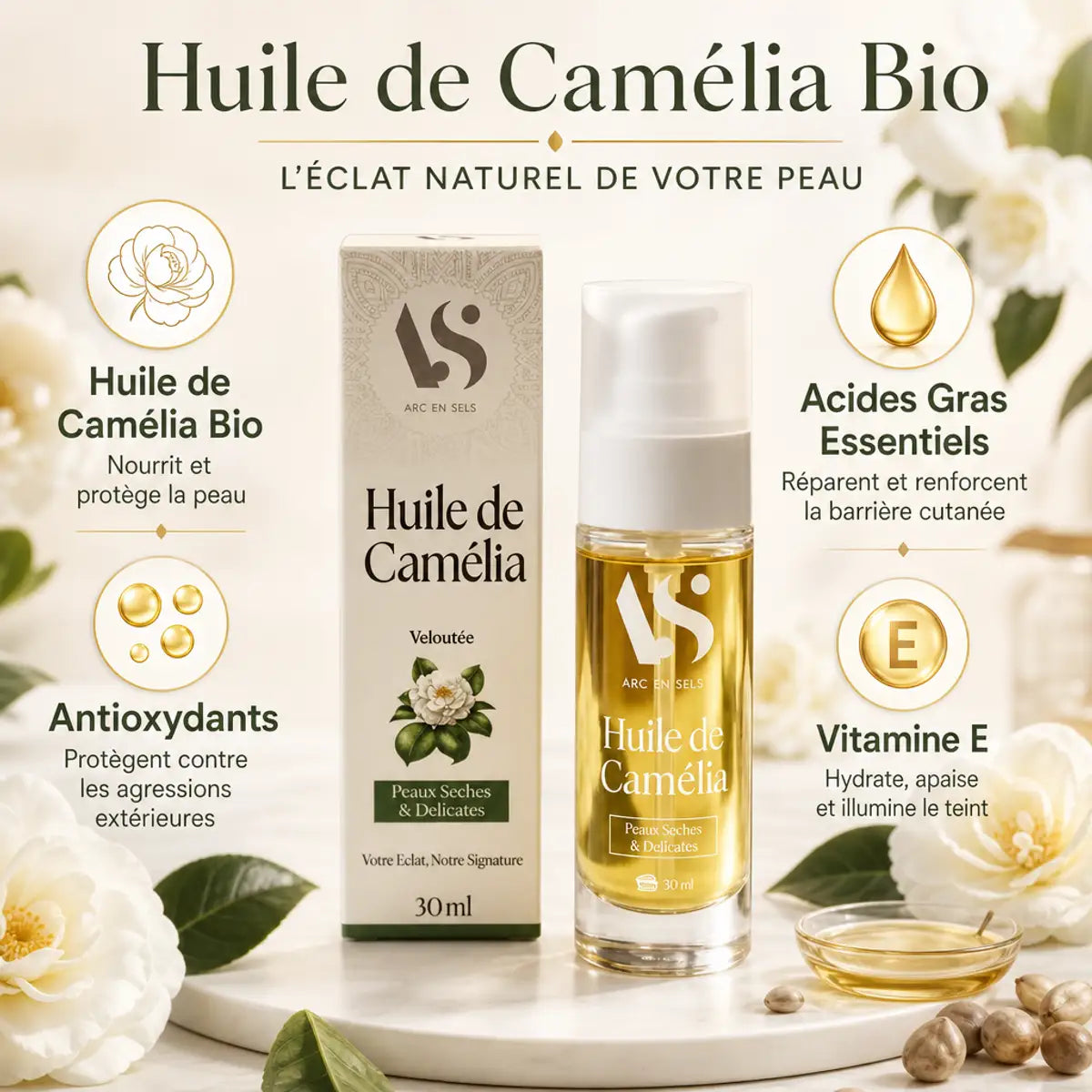 Huile de Camélia Bio 30ml Arc en Sels avec ingrédients bio et antioxydants naturels