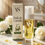Huile de Camélia Bio Arc en Sels 30ml avec fleurs blanches et surface marbre