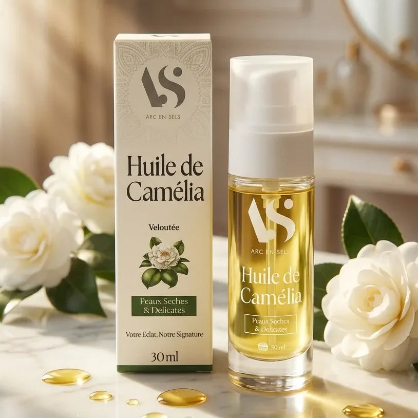 Huile de Camélia Bio Arc en Sels 30ml avec fleurs blanches et surface marbre