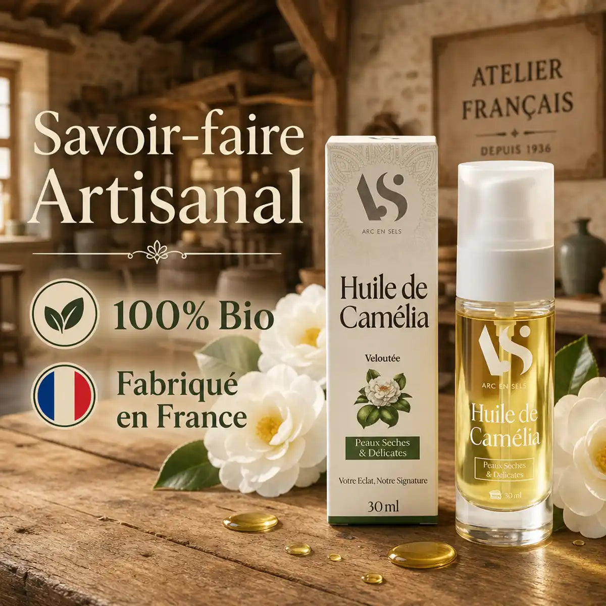 Huile de Camélia Bio 30ml Arc en Sels en atelier artisanal français avec fleurs blanches