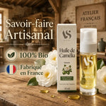 Huile de Camélia Bio 30ml Arc en Sels en atelier artisanal français avec fleurs blanches