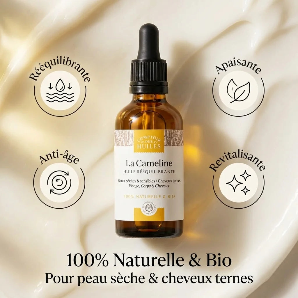 Huile de Cameline Bio 50ml - Flacon compte-gouttes avec icônes bénéfices rééquilibrante apaisante