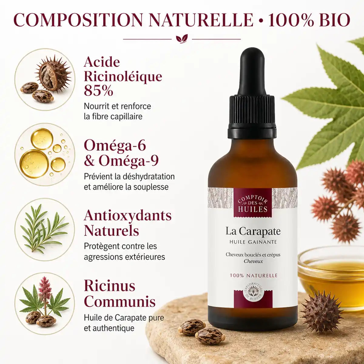 Huile de Ricin Noir Bio 50ml Comptoir des Huiles - Flacon avec composition naturelle et ingrédients actifs