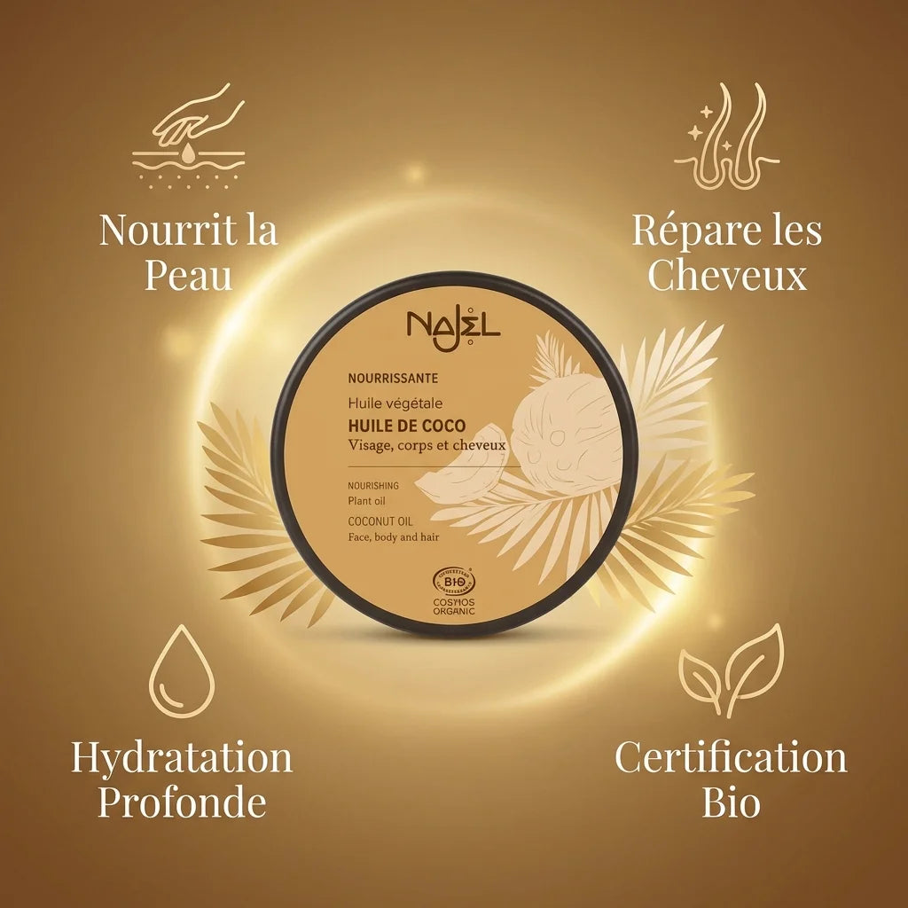 Huile de Coco bio Najel 100g avec ses 4 bénéfices : hydratation, nutrition peau et cheveux
