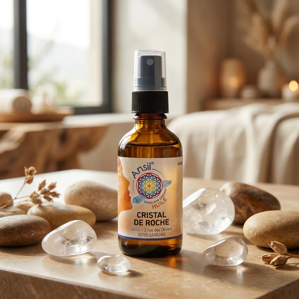 Huile de Cristal de Roche Ansil 50ml en flacon spray ambré avec décor wellness et cristaux