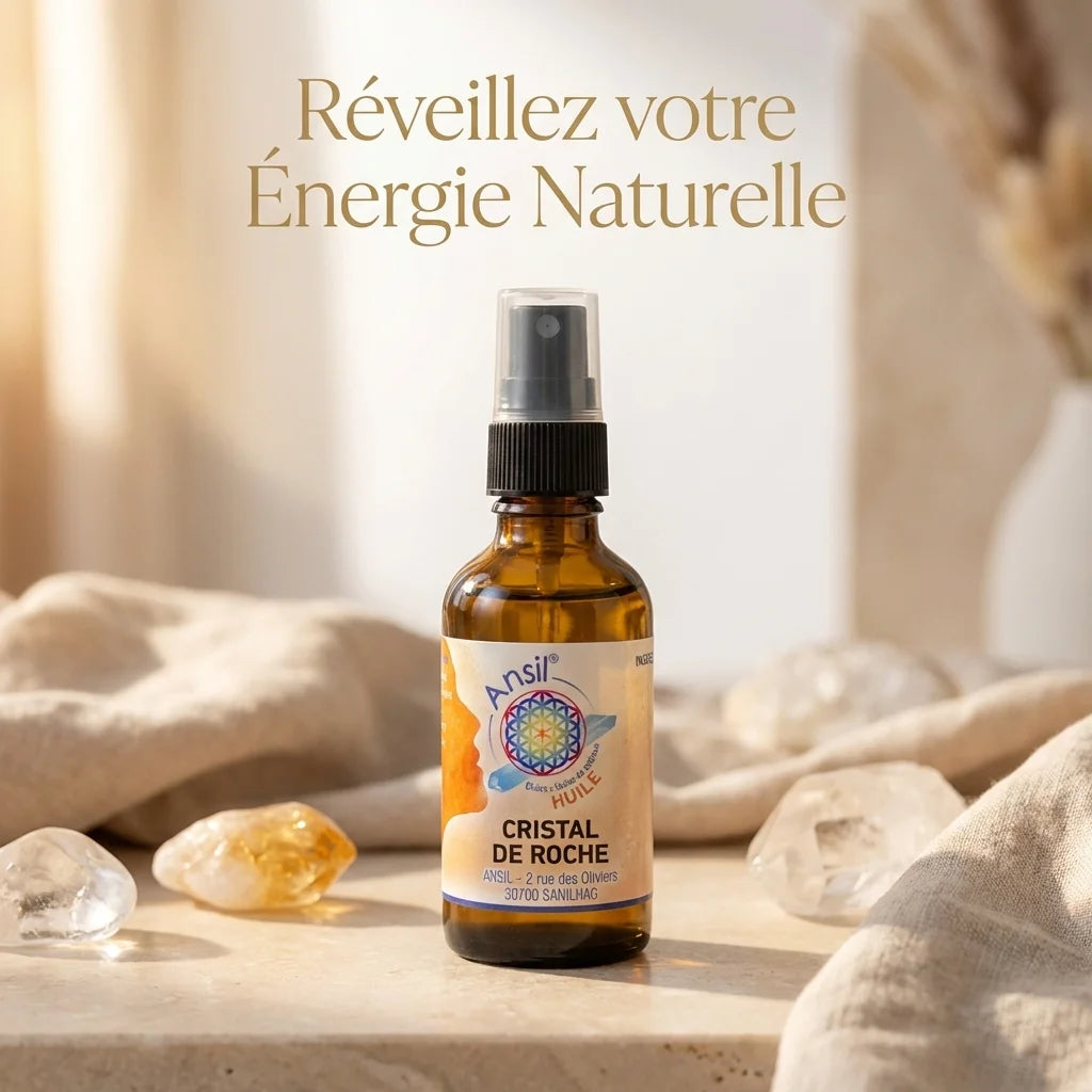 Huile de Cristal de Roche Ansil 50ml avec cristaux et texte Réveillez votre Énergie Naturelle