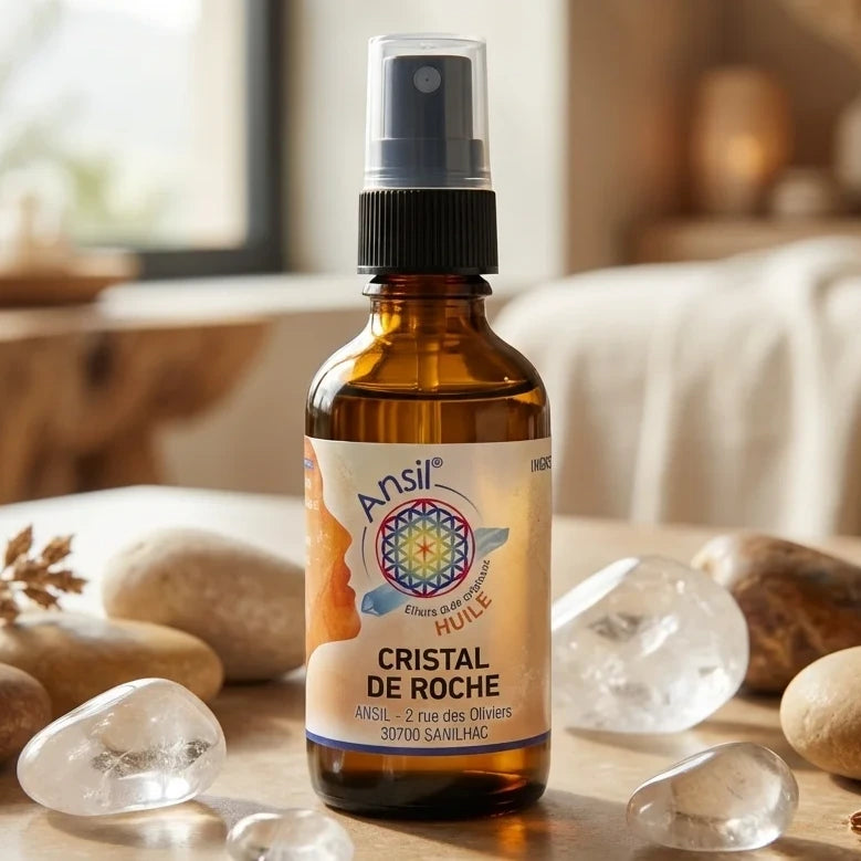 Huile de Cristal de Roche Ansil 50ml en flacon spray ambré avec décor wellness et cristaux