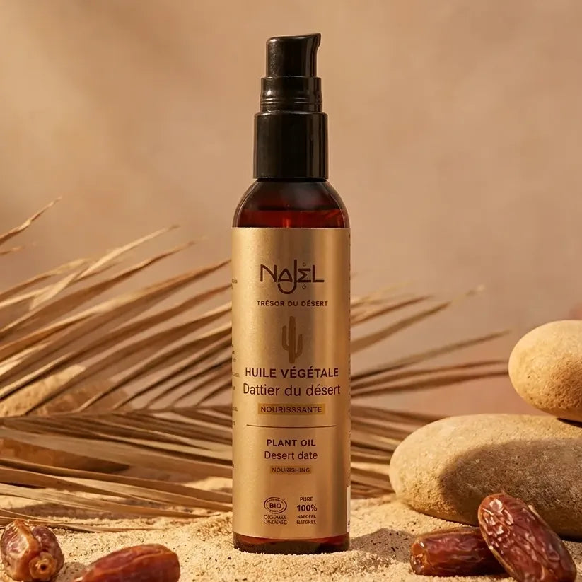 Huile de Dattier du Désert Najel 80ml en flacon spray avec éléments naturels désertiques